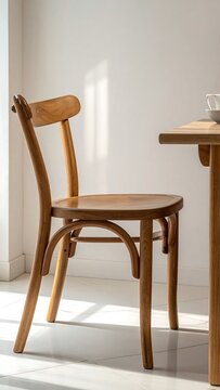 A wooden chair beside a table in a room with sunlight
