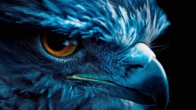 Intense Macro Portrait of Majestic Blue Raptor Featuring Piercing Amber Eye and Sharp Beak Set Against Dark Contrasting Void