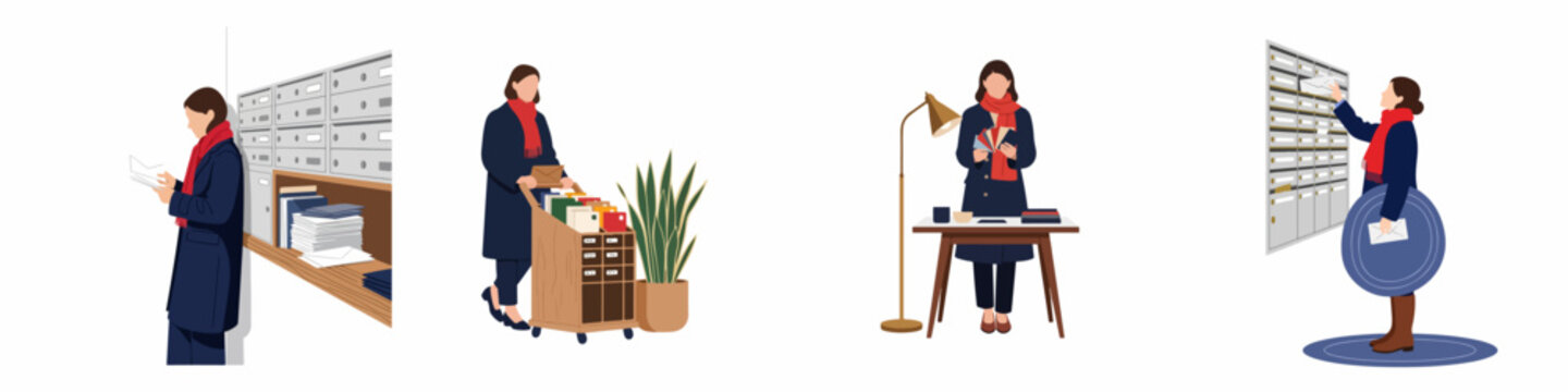 Illustrations of a woman in a navy coat and red scarf managing mail, sorting documents, and working in a professional office setting.