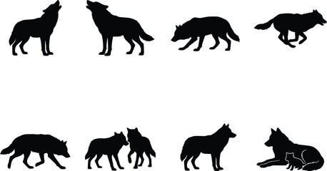 Fototapeta premium Wolf Silhouette Collection Featuring Howling Running Standing and Wildlife Behavior Poses