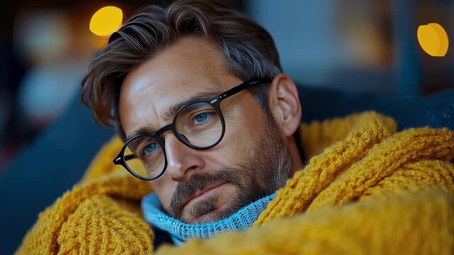 Close-up of serene man with spectacles and beard, eyes gently shut, cozily wrapped in vibrant yellow knit blanket indoors.