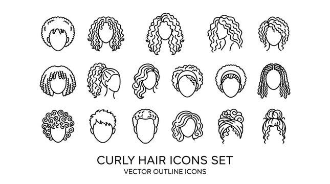Collection of hand-drawn line art icons representing diverse curly hairstyles for men and women, perfect for graphic design and illustration projects