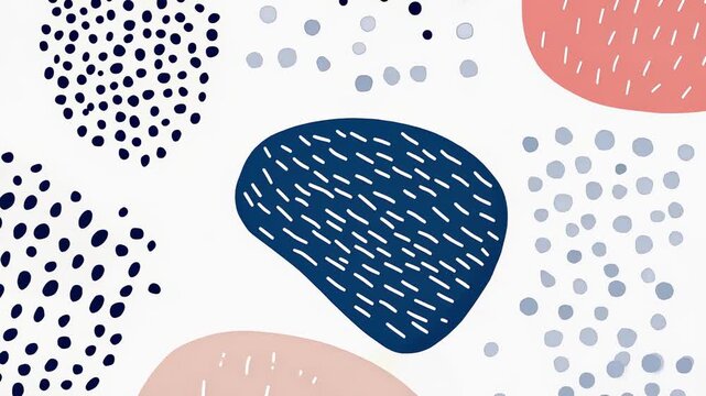 Abstract composition featuring playful organic shapes with hand-drawn dot and dash patterns in modern pastel and navy palette for contemporary interior decor and creative surface decoration
