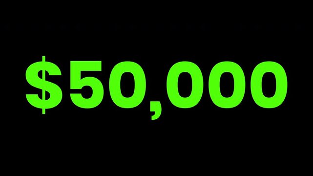 Dollar Increasing counting number $0 to $50,000 animation, smooth dollar counter showing growth from zero to fifty thousand dollars for finance and marketing, transparent background, 4k