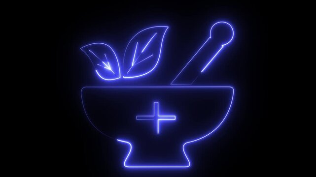 A blue glowing neon icon of a mortar and pestle with leaves, often representing pharmacy or herbal medicine.