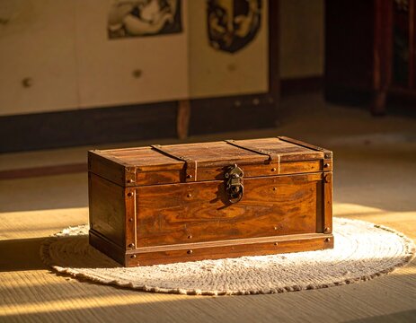 A wooden chest with a metal handle sits on a woven mat in a room