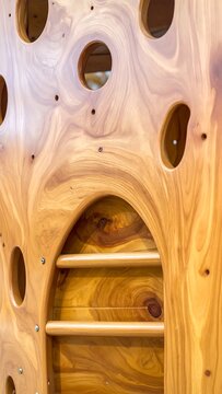 A wooden climbing wall with various sized holes and a rounded ladder