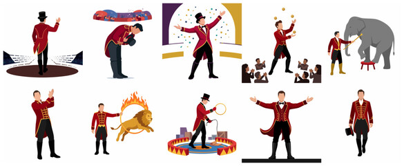 Set of Circus Ringmaster Character Illustrations Performing Various Show Acts and Animal Training © Miccheal