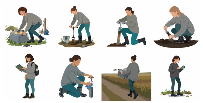 Set of female environmental scientists and researchers performing soil sampling and field analysis with specialized tools in a flat illustration style.