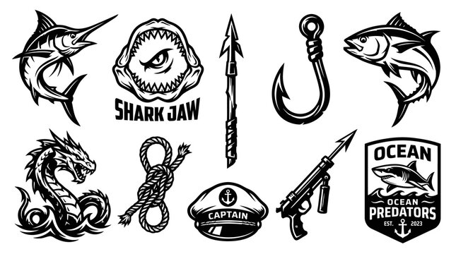 Deep Sea Fishing and Ocean Predator Vector Emblem Elements