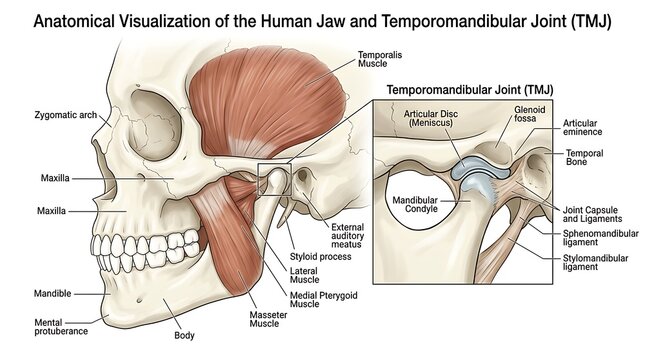Detailed anatomical diagram of human jaw and TMJ structure.