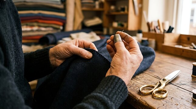 Close-up of tailor hands in thimble sewing dark wool fabric with needle and thread, golden scissors nearby