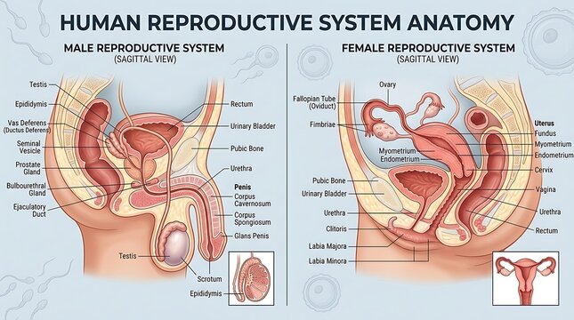 Detailed anatomical diagram of human male and female reproductive systems.