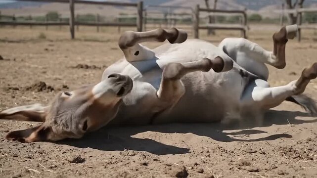 Grey Donkey Kneeling and Rolling Joyfully in Dry Dirt Dust at Farm Corral