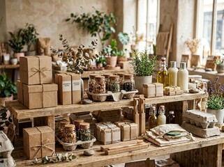 Rustic Market Display with Jars, Bottles, Natural Decor, and Eco-friendly Packaging © Biggy