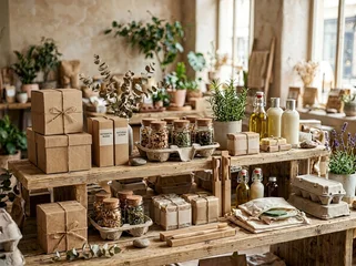 Rustic Market Display with Jars, Bottles, Natural Decor, and Eco-friendly Packaging © Biggy