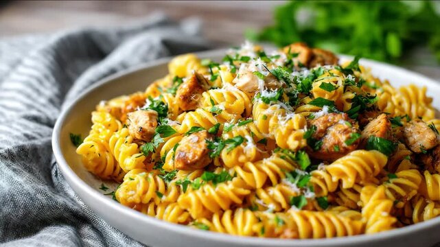Delicious rotini pasta with grilled chicken and herbs on ceramic plate close-up. concept of homemade mealDelicious rotini pasta with grilled chicken and herbs on ceramic plate close-up