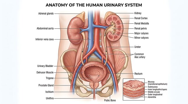 Detailed anatomical diagram of human urinary system.