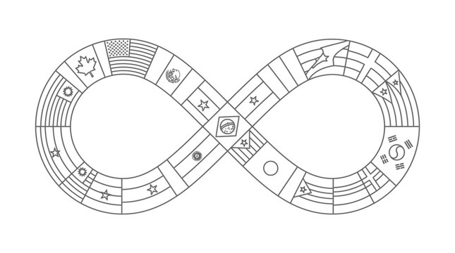 Black and white line art illustration of an infinity symbol composed of various flag-like segments, each containing unique cultural or national emblems.