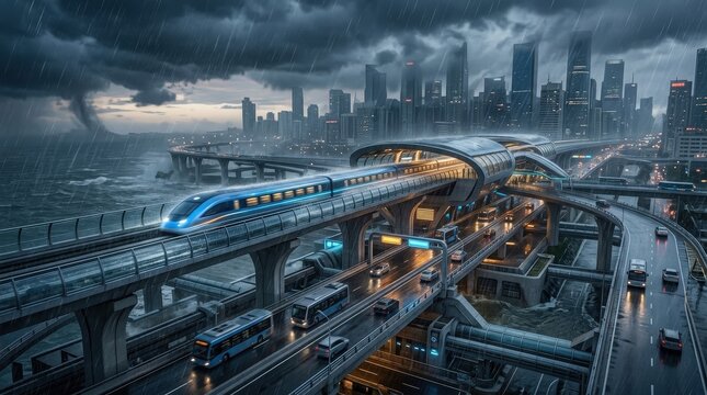 Futuristic city skyline with elevated train and stormy weather in a dynamic urban environment
