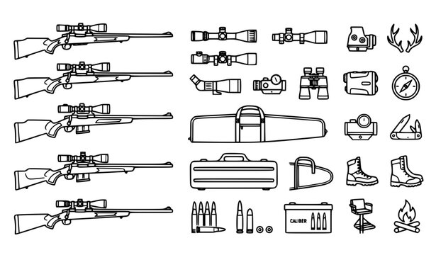 Hunting rifle outline icon set with scoped firearm and outdoor sport symbols