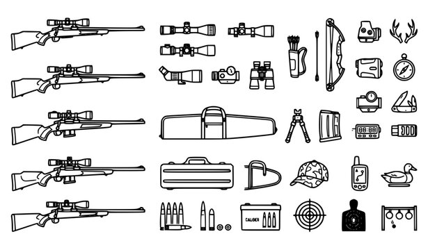 Precision rifle vector icons with hunting equipment and shooting sport outline symbols