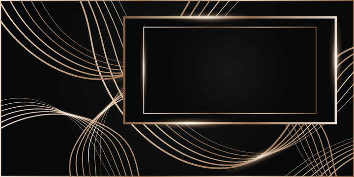 Luxury Black and Gold Abstract Background with Elegant Rectangular Frame and Flowing Golden Waves