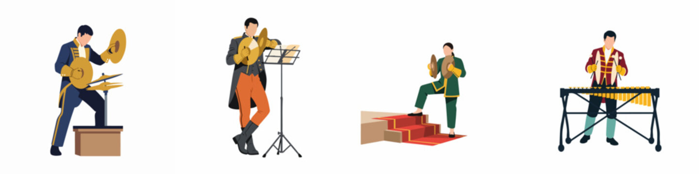 Flat illustration set of percussionists in ceremonial uniforms playing cymbals and a vibraphone on a white background.