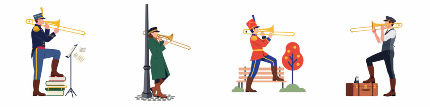 Set of diverse trombone players in various uniforms and settings, from military band members to street musicians practicing their brass instrument.