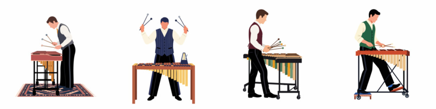 Set of illustrations depicting male musicians in formal attire playing xylophones and vibraphones using mallets, presented in a minimalist flat design style.
