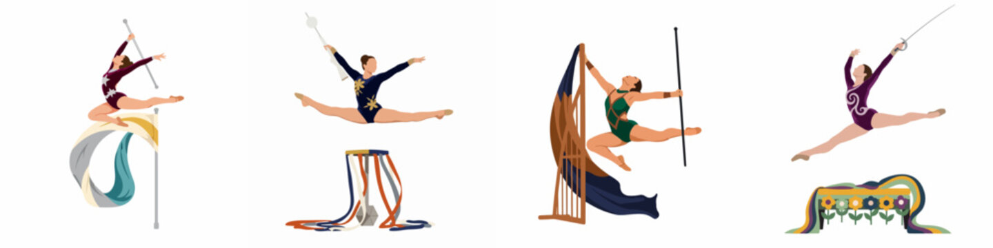 Flat illustration set of color guard performers in dynamic poses with flags, rifles, and sabers, isolated on a white background.
