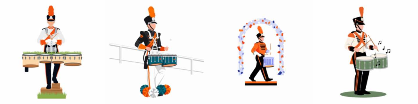 Vector illustration set of marching band drummers in colorful uniforms playing percussion instruments during a parade or performance.