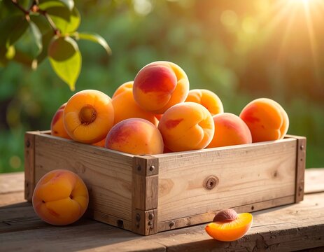 A wooden crate overflowing with vibrant orange fruits on a rustic table outdoors in sunlight