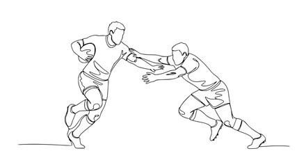 Obraz premium Rugby players tackling, continuous line art drawing, dynamic sports action