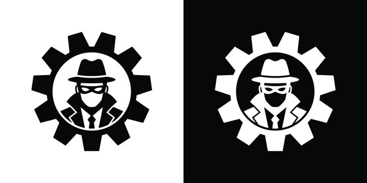 Spy hacker icon inside a cogwheel gear vector. Concept of cyber security management, automated hacking threat, and system vulnerability.