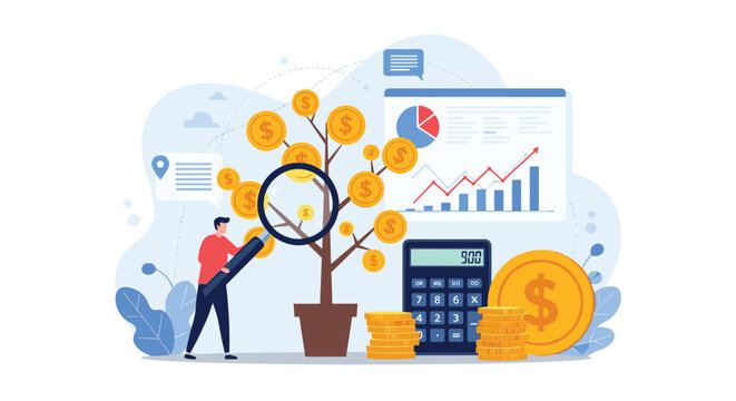 Finance professional examines a gold coin tree with a magnifying glass while surrounded by data charts and calculators to optimize investments.