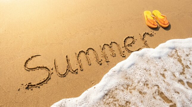 Summer word written in the sand on a sunny beach with flip-flops and wave