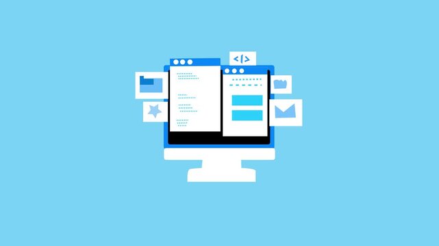 Flat modern animation of a desktop computer with two open windows and floating app icons