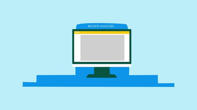 Flat-style animation of a computer monitor on a blue desk displaying a review analysis dashboard animation