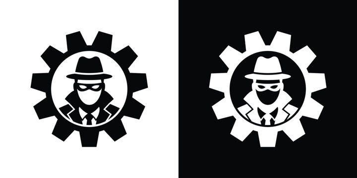 Spy hacker icon inside a cogwheel gear vector. Concept of cyber security management, automated hacking threat, and system vulnerability.