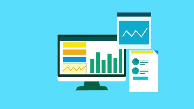 Flat-style animation of a computer monitor on a blue desk displaying a review analysis dashboard animation