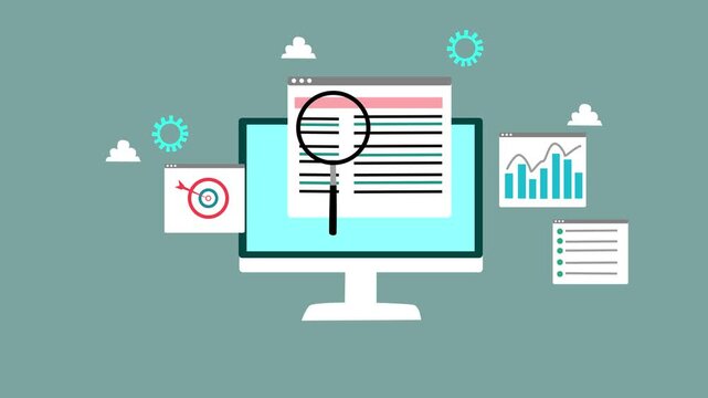 Flat-style animation of a desktop monitor with a magnifying glass over a document