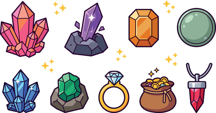 Fantasy Crystal and Precious Gemstone Vector Icon Set Featuring Diamond Ring Treasure Gold Coin Bag Jewelry Pendant and Magic Mineral Clusters for Games