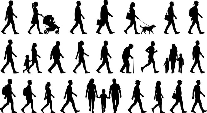 Diverse group of people walking in silhouette on a white background