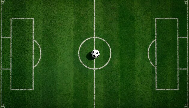 Top view soccer football field template with a classic ball on the center circle line flat tactical layout of green grass pitch stadium markings and goals overhead digital illustration background