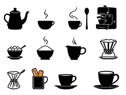  Stylized Beverage Icons of Cups, Pots, and Makers Vector Illustration