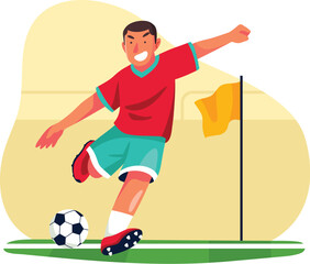 Soccer player kicking football vector illustration, professional athlete in action near corner flag, sports competition concept, modern flat design character artwork © AKS Studio