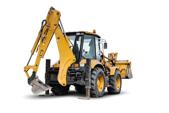 A universal excavator-loader is being used at a construction site for equipment rental. Workers are preparing the area for building projects.