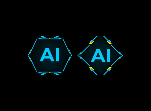 Cyberpunk AI badge icons with futuristic frames for sci fi interfaces and HUDs.