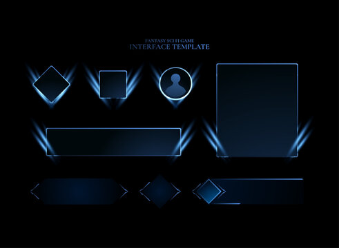 Glowing sci fi UI kit with futuristic panels, buttons, frames and HUD elements.